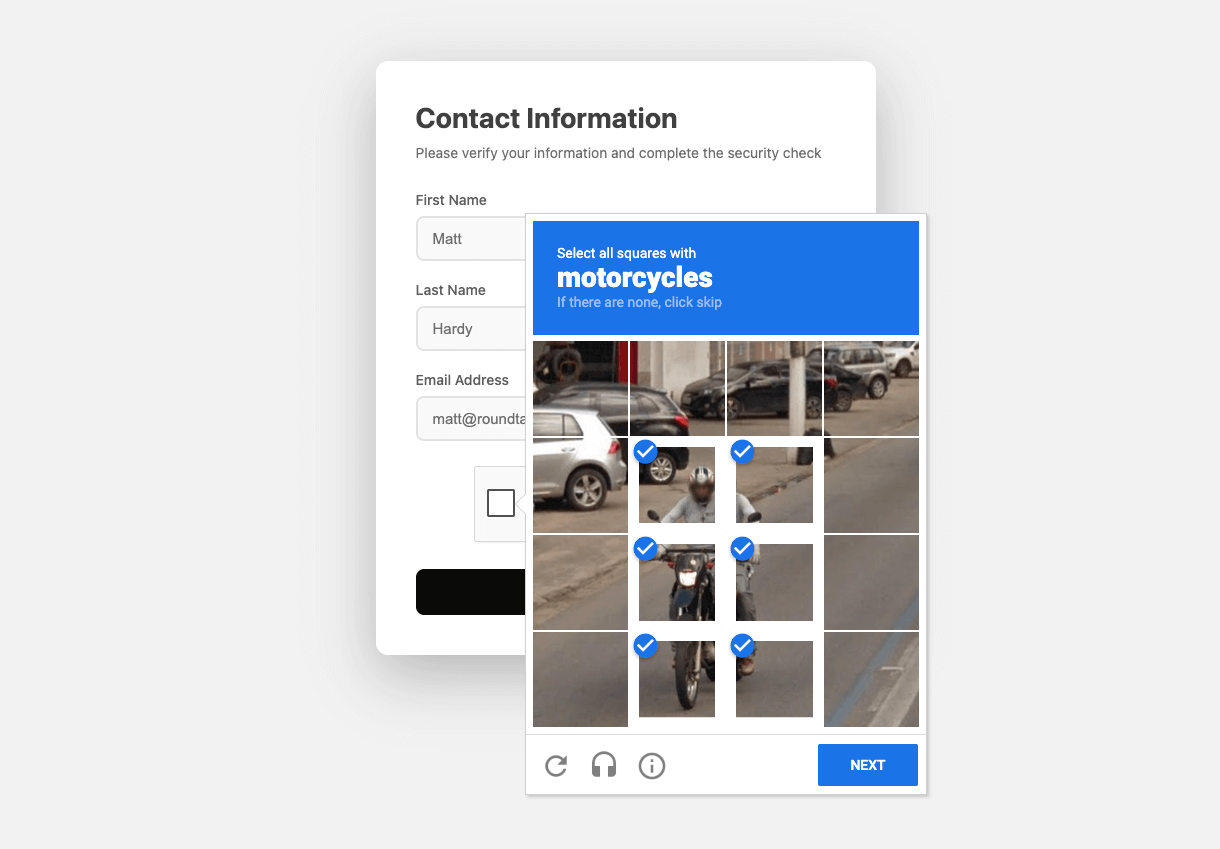 Contact form with fields for first name, last name, and email, alongside a CAPTCHA prompt to select all squares with motorcycles showing a man riding a motorcycle across several selected squares.